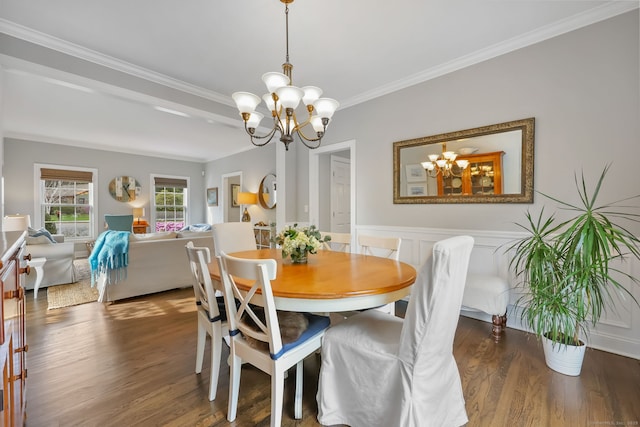 12 Canoe Brook Rd, Trumbull, CT 06611 - dining room with crown molding, an inviting chandelier, wainscoting, and wood finished floors