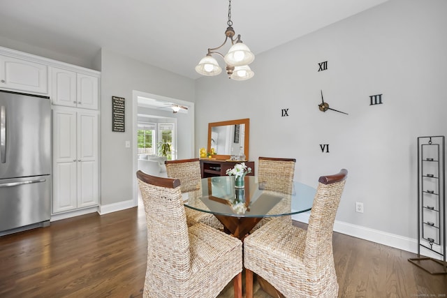 12 Canoe Brook Rd, Trumbull, CT 06611 - dining area featuring baseboards, ceiling fan with notable chandelier, and dark wood-type flooring