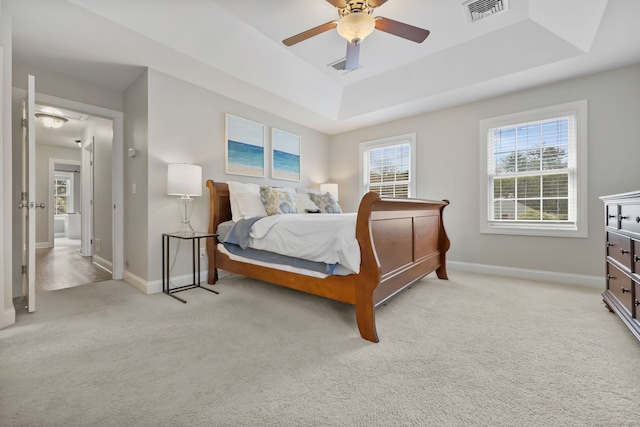 12 Canoe Brook Rd, Trumbull, CT 06611 - bedroom with visible vents, ceiling fan, a tray ceiling, baseboards, and carpet
