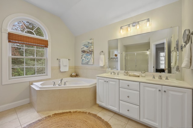 12 Canoe Brook Rd, Trumbull, CT 06611 - full bath featuring tile patterned floors, a sink, a stall shower, a garden tub, and lofted ceiling