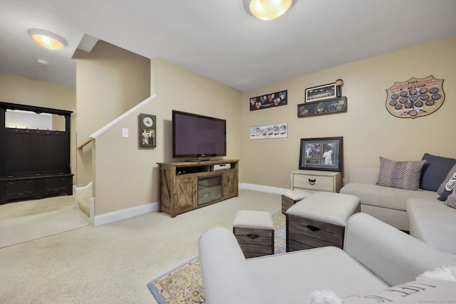 12 Canoe Brook Rd, Trumbull, CT 06611 - living room featuring stairs, carpet, and baseboards