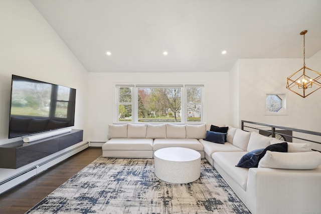 2 Benson Dr, Danbury, CT 06810 - living room featuring lofted ceiling, recessed lighting, a baseboard radiator, and dark wood finished floors