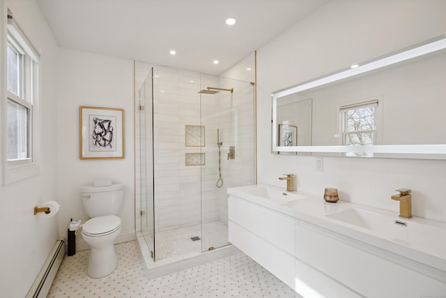 2 Benson Dr, Danbury, CT 06810 - full bath with a sink, tile patterned floors, toilet, a stall shower, and baseboard heating