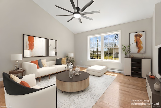 living room featuring light wood-style flooring, baseboards, ceiling fan, high vaulted ceiling, and a baseboard radiator