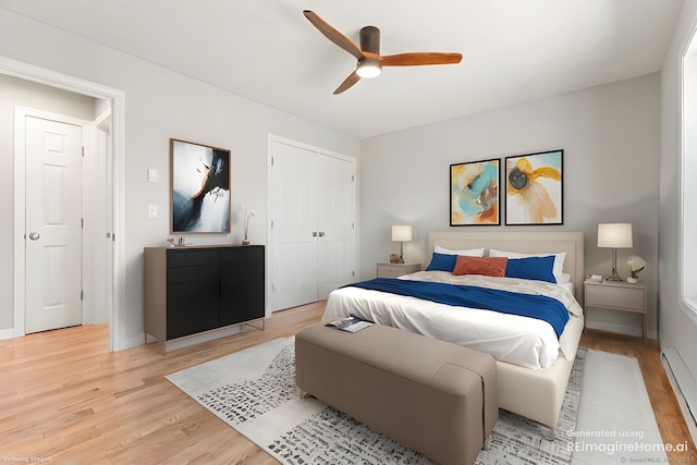 bedroom featuring ceiling fan, light wood-style floors, and a closet