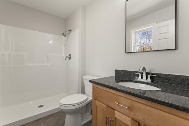 full bath with toilet, vanity, and a shower
