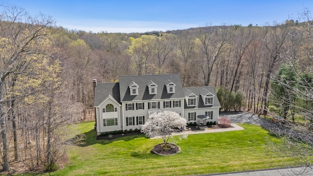 10 Granite Rd, New Milford, CT 06776 - view of front of home with aphalt driveway, a front lawn, a view of trees, and a chimney