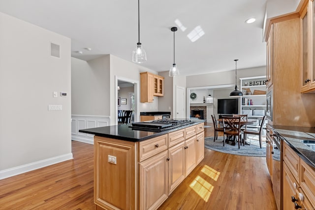 10 Granite Rd, New Milford, CT 06776 - kitchen featuring light brown cabinets, appliances with stainless steel finishes, dark countertops, and light wood finished floors