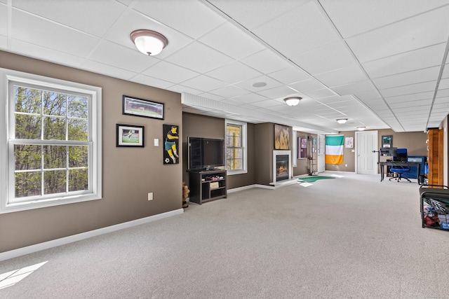 10 Granite Rd, New Milford, CT 06776 - interior space with baseboards, a paneled ceiling, a glass covered fireplace, and carpet