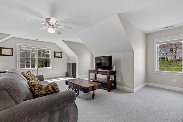 10 Granite Rd, New Milford, CT 06776 - living area featuring carpet, baseboards, visible vents, a ceiling fan, and lofted ceiling