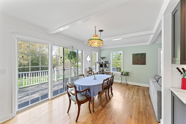 11 Knollwood Dr, Newtown, CT 06470 - dining space featuring baseboards, ornamental molding, light wood-style flooring, and beam ceiling
