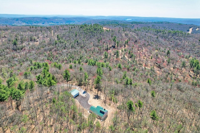 drone / aerial view with a wooded view