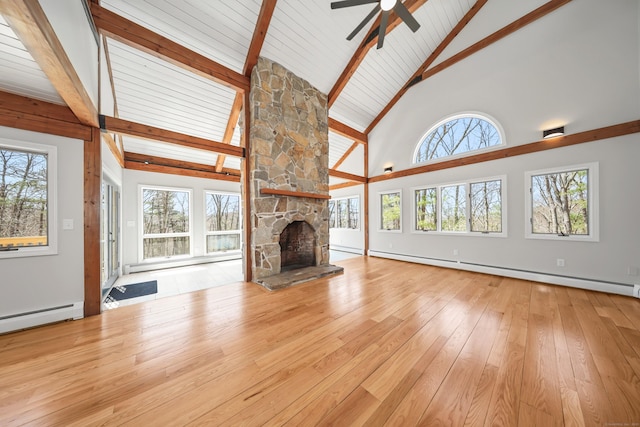 unfurnished living room with a baseboard heating unit, beamed ceiling, high vaulted ceiling, a ceiling fan, and hardwood / wood-style floors