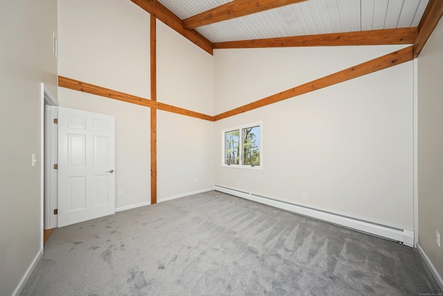 carpeted empty room featuring a baseboard heating unit, beamed ceiling, high vaulted ceiling, and baseboards