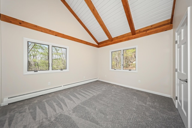 carpeted empty room with a wealth of natural light, beamed ceiling, a baseboard heating unit, and baseboards