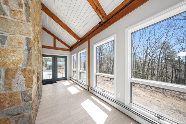 254 Wright Rd, Canton, CT 06019 - unfurnished sunroom with french doors, a baseboard heating unit, beam ceiling, and high vaulted ceiling