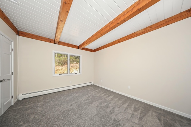 carpeted spare room featuring beamed ceiling, a baseboard heating unit, and baseboards