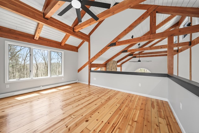 bonus room with hardwood / wood-style floors, baseboards, ceiling fan, and a baseboard heating unit