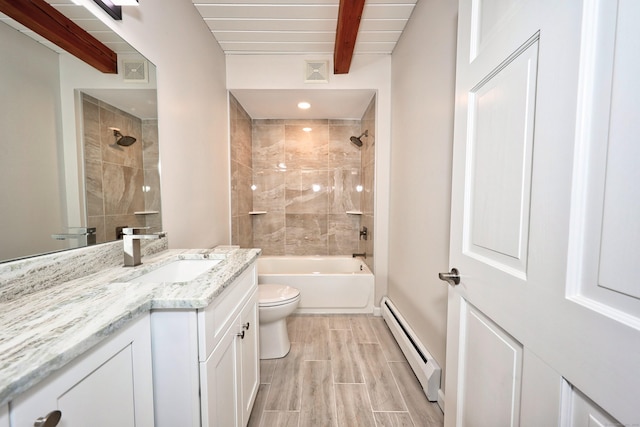 bathroom featuring beamed ceiling, a baseboard heating unit, toilet, vanity, and visible vents