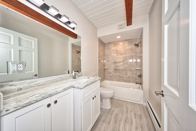 full bath featuring beamed ceiling, visible vents, baseboard heating, toilet, and vanity