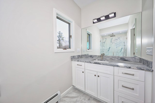 bathroom with baseboards, a marble finish shower, vanity, and marble finish floor