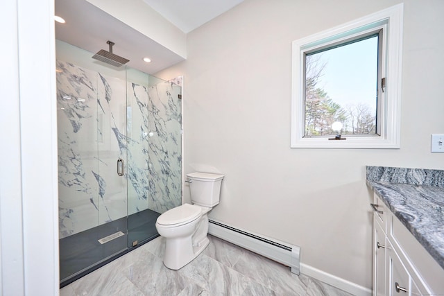 full bathroom featuring a baseboard radiator, toilet, vanity, baseboards, and a marble finish shower