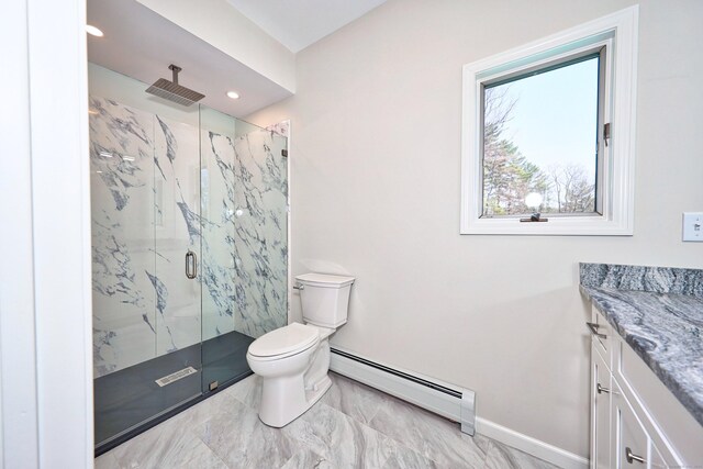 254 Wright Rd, Canton, CT 06019 - bathroom featuring a baseboard radiator, a marble finish shower, vanity, marble finish floors, and recessed lighting