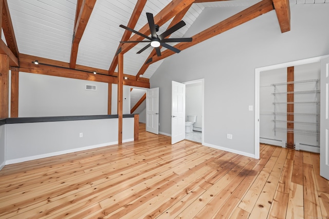 unfurnished living room with beamed ceiling, a ceiling fan, visible vents, and wood-type flooring