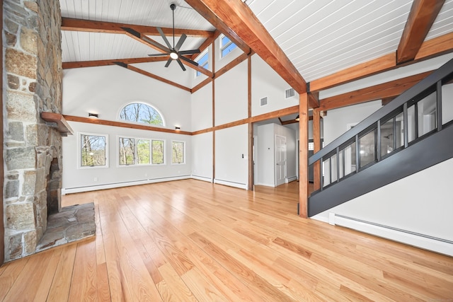 unfurnished living room with visible vents, hardwood / wood-style floors, beam ceiling, a ceiling fan, and high vaulted ceiling