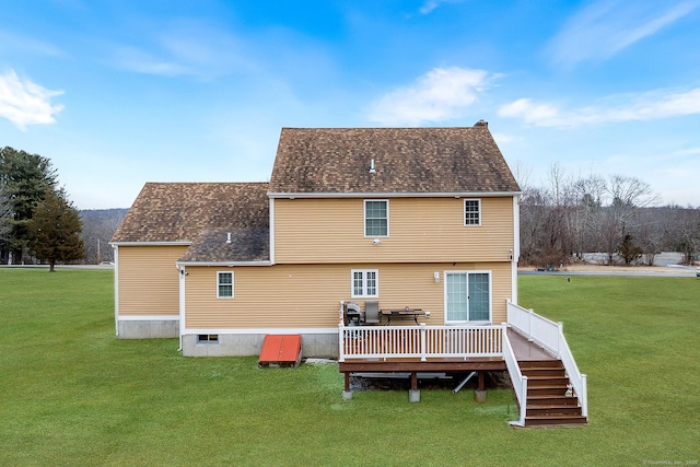 2 Lexington Trl, Salem, CT 06420 - rear view of house featuring a wooden deck, a lawn, and roof with shingles