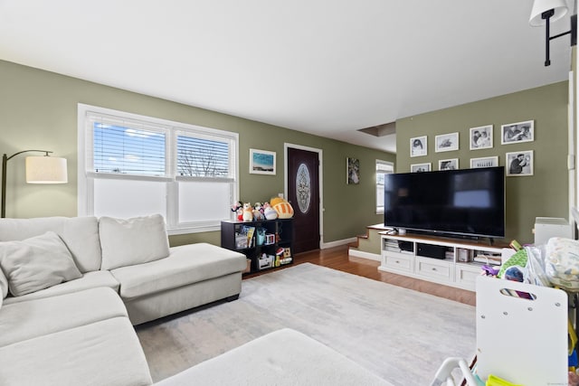 living area with baseboards and wood finished floors