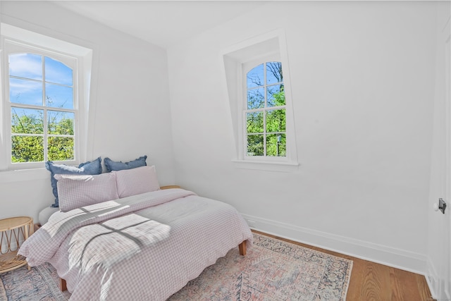 bedroom featuring baseboards, multiple windows, and wood finished floors