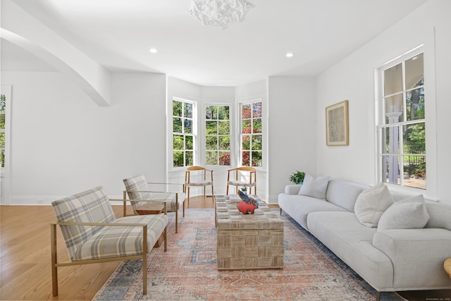 living area featuring arched walkways, baseboards, recessed lighting, and wood finished floors