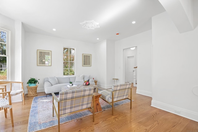 living room featuring baseboards, light wood finished floors, and a wealth of natural light