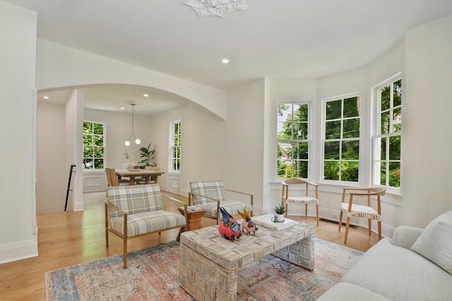 66 Seminary St, New Canaan, CT 06840 - living area featuring arched walkways, light wood-style flooring, and recessed lighting
