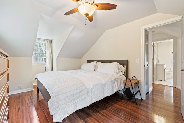bedroom featuring baseboards, a ceiling fan, wood finished floors, and lofted ceiling