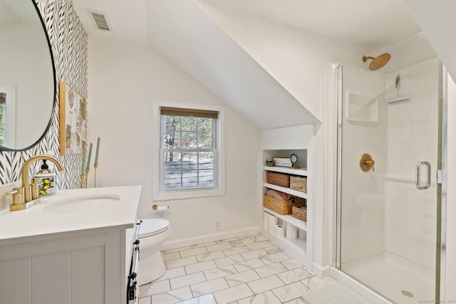 bathroom featuring vaulted ceiling, a stall shower, toilet, and visible vents