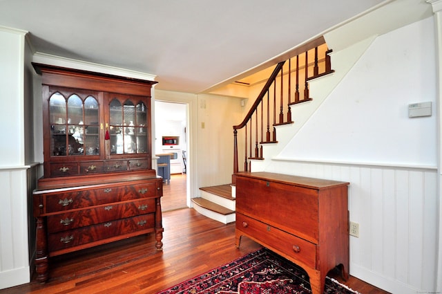 staircase with wainscoting and wood finished floors