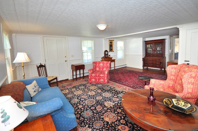 living room with wood finished floors and baseboard heating