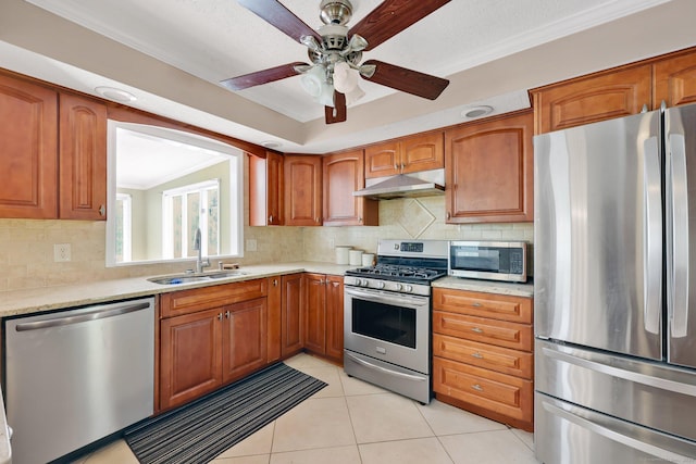 kitchen featuring under cabinet range hood, stainless steel appliances, decorative backsplash, and a sink