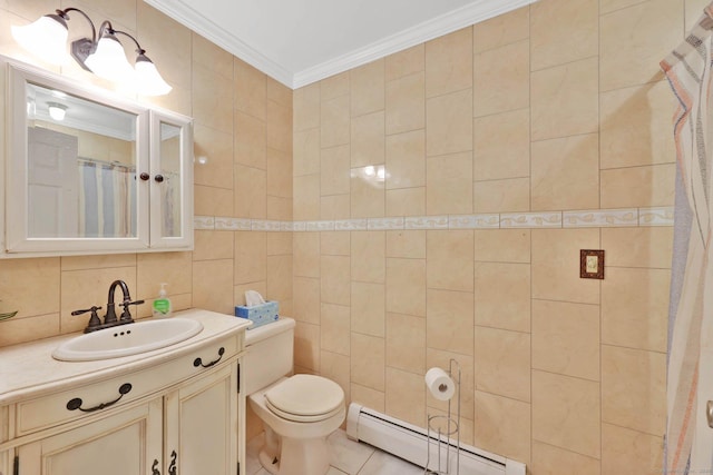full bathroom with tile walls, vanity, a baseboard heating unit, toilet, and ornamental molding