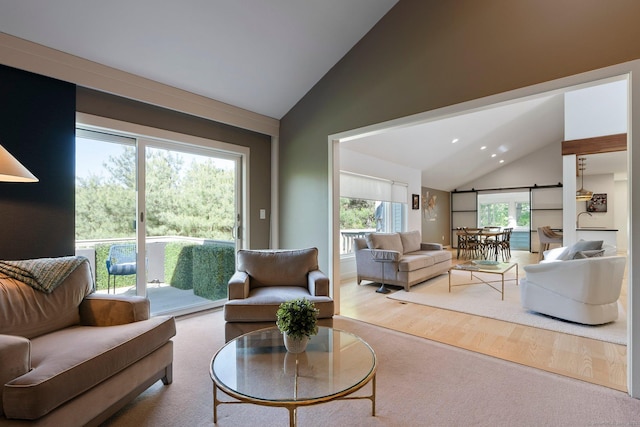 living area featuring high vaulted ceiling, wood finished floors, and recessed lighting