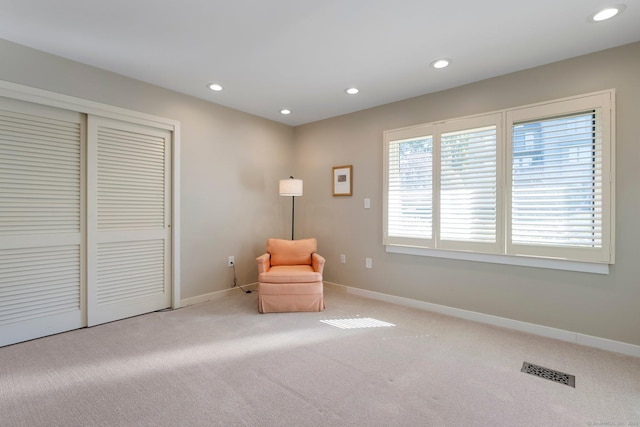 sitting room with carpet, baseboards, and recessed lighting