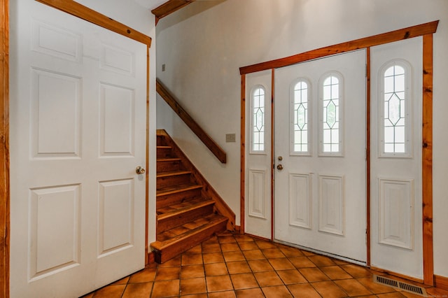 9 Stonehedge Way, Granby, CT 06060 - foyer featuring visible vents, stairs, and tile patterned floors