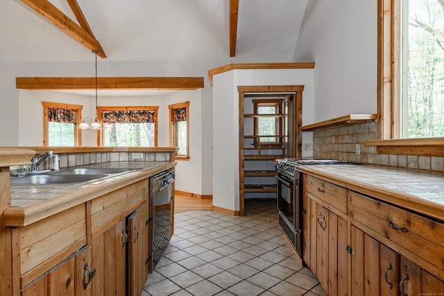 9 Stonehedge Way, Granby, CT 06060 - kitchen with tile counters, a sink, black appliances, and a healthy amount of sunlight