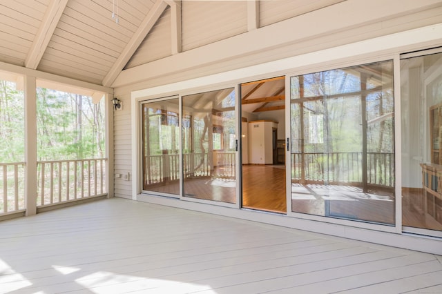 9 Stonehedge Way, Granby, CT 06060 - unfurnished sunroom featuring vaulted ceiling with beams, wood finished floors, and wooden ceiling