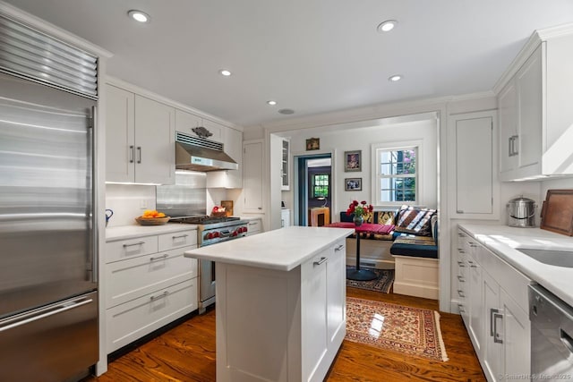 66 Hedlund Rd, East Haddam, CT 06423 - kitchen with premium appliances, under cabinet range hood, light countertops, a center island, and white cabinetry