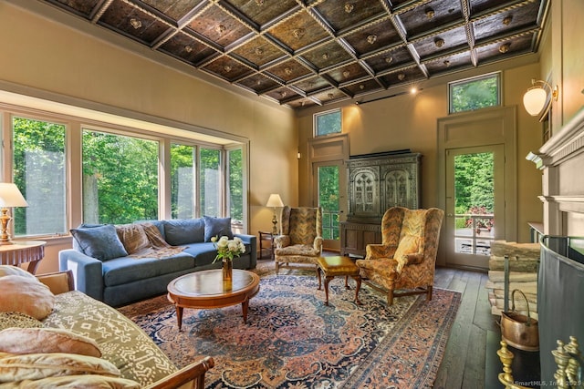 66 Hedlund Rd, East Haddam, CT 06423 - living area featuring wood-type flooring, healthy amount of natural light, an ornate ceiling, and a fireplace