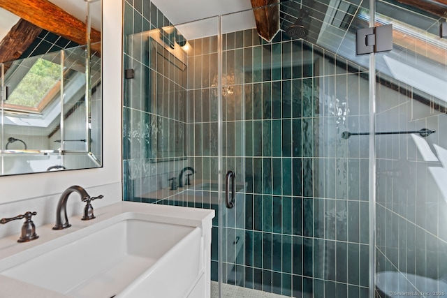 66 Hedlund Rd, East Haddam, CT 06423 - bathroom with a stall shower, vanity, and tile walls