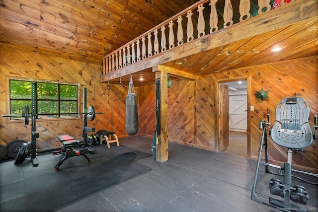 66 Hedlund Rd, East Haddam, CT 06423 - exercise room with wood walls, wood ceiling, and hardwood / wood-style floors